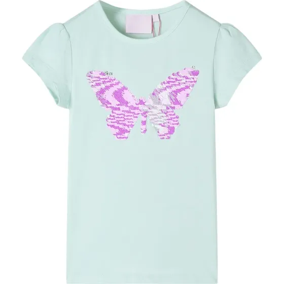 Børne-T-shirt str. 140 – mintgrøn med paillet-sommerfugl