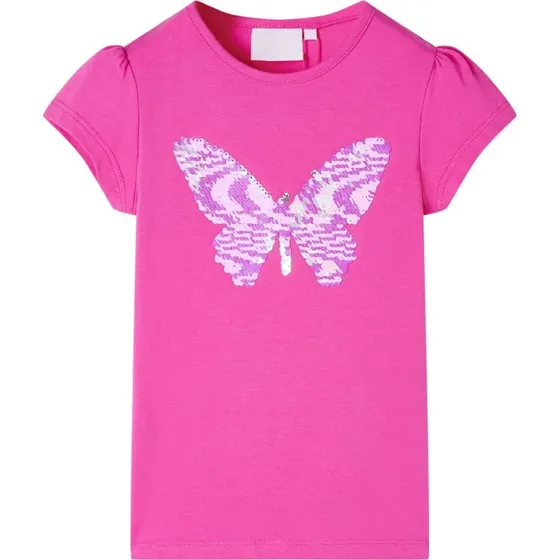 Børne T-shirt str. 140 - Pink med paillet-sommerfugl