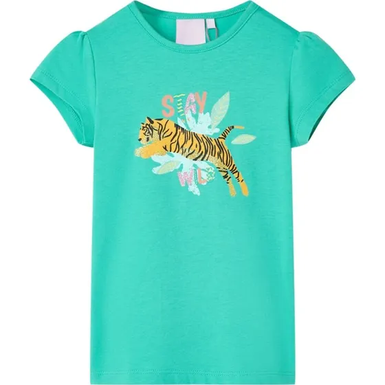 Børne T-shirt str. 116 – mintgrøn med tigerprint