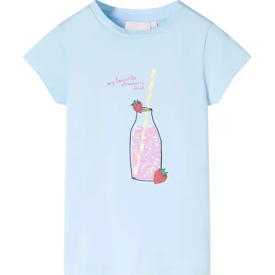 Børne-T-shirt str. 128, lyseblå med flasketryk