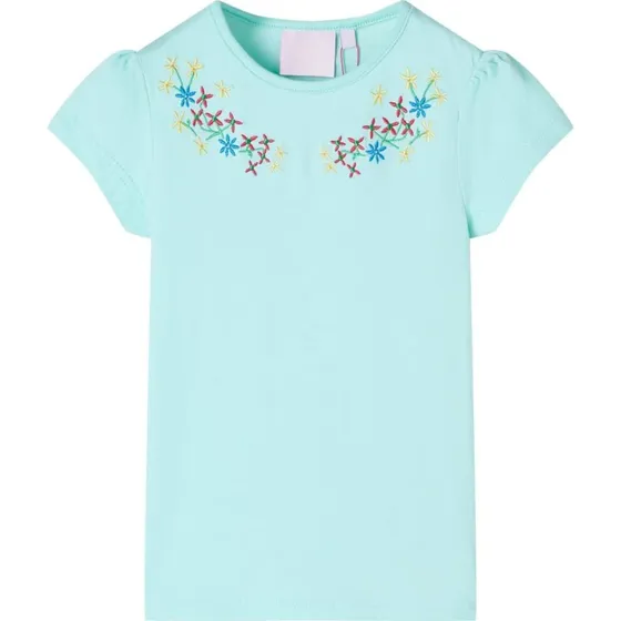 Brne-T-shirt 140 akvamarin med blomsterprint