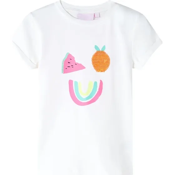 Børne-T-shirt str. 116 ecru - Rund hals, kort ærme