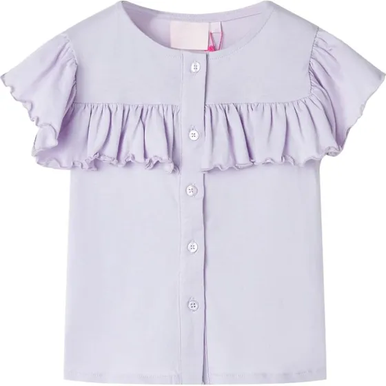 Børne T-shirt str. 116 - Lilla med flæser