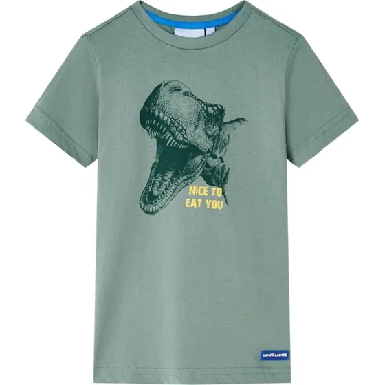 Børne T-shirt str. 104 kakifarvet med dino-print