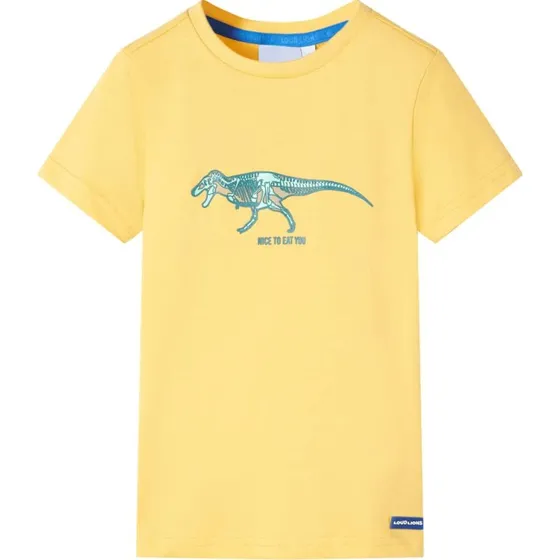 Børne-T-shirt str. 104 i okkergul med dinosaurusprint