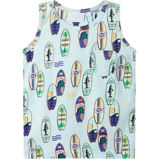 Børne tanktop str. 128 blåmeleret med surfboard-print