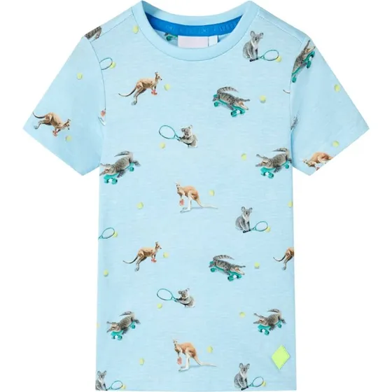 Børne T-shirt str. 116 lys blåmeleret med dyreprint