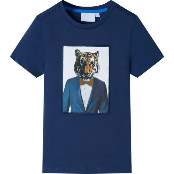 Kortærmet børne-T-shirt str.128 i mørkeblå med tigerprint