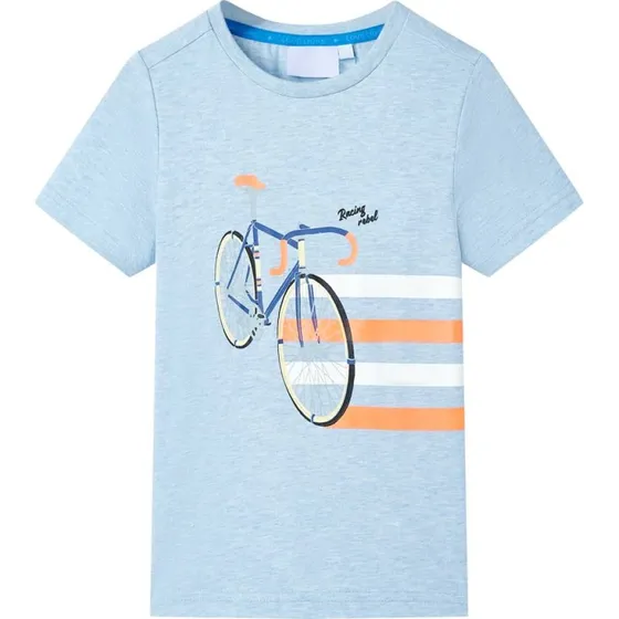 Børne T-shirt str. 140 - Blåmeleret med cykelprint