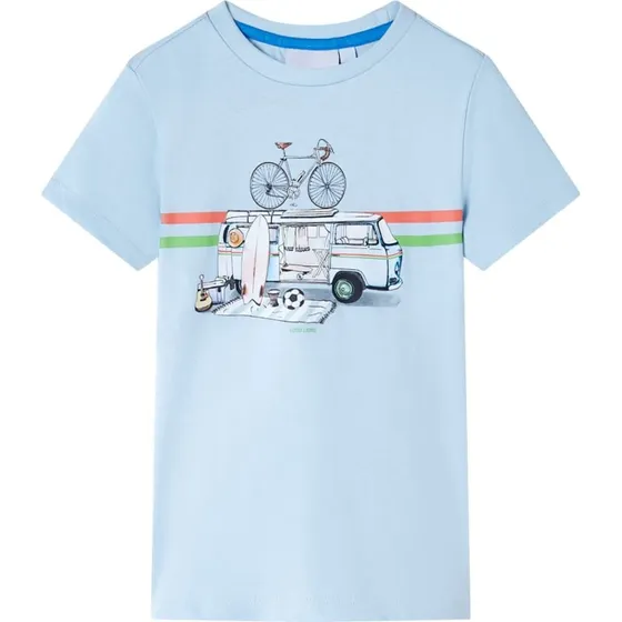 Børne T-shirt str. 128 - Lyseblå med busprint