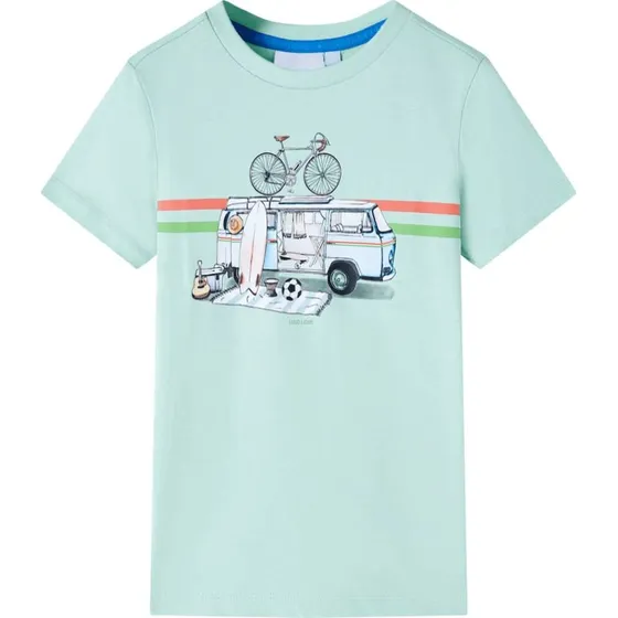 Børne T-shirt str. 104 – Lys mintgrøn med bus-print