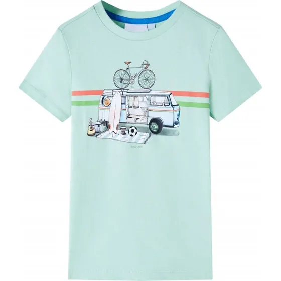 Børne T-shirt str. 128 – Lys mintgrøn med busprint