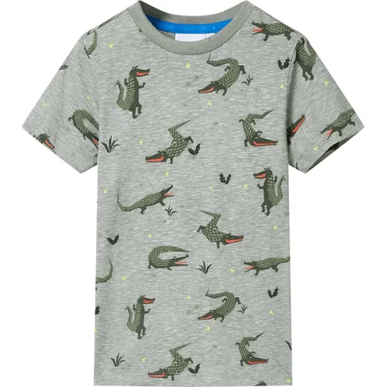 Børne-T-shirt str. 116 lys kakimeleret med krokodilleprint