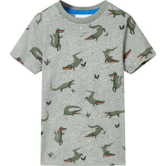 Brne-T-shirt str. 140 lys kakimeleret med krokodilleprint