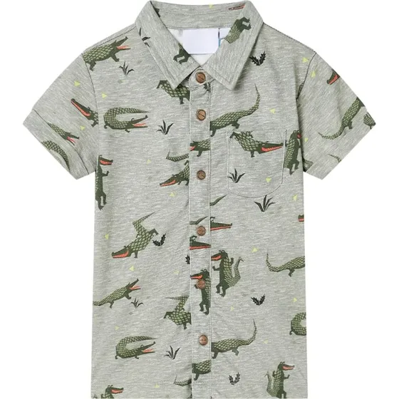 Børneskjorte korte ærmer lys kakimeleret - Str.128