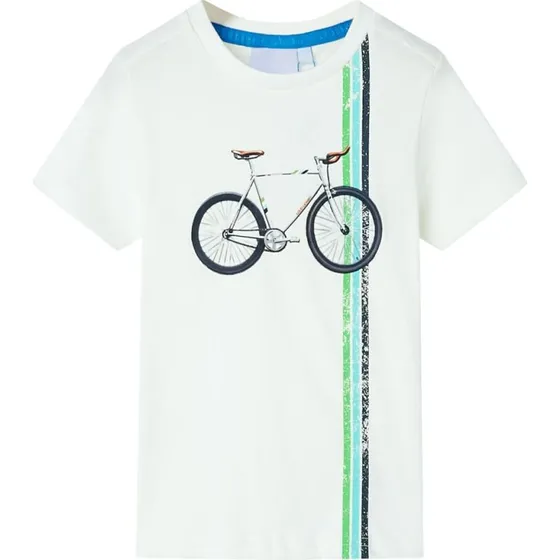 Kortærmet børne-T-shirt ecru med cykelprint, str. 140