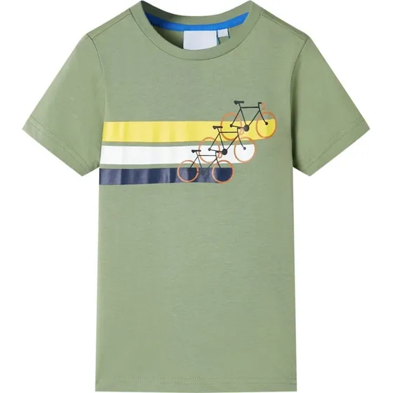 Kortrmet T-shirt brn str.140 - Lys kakifarve, cykelprint