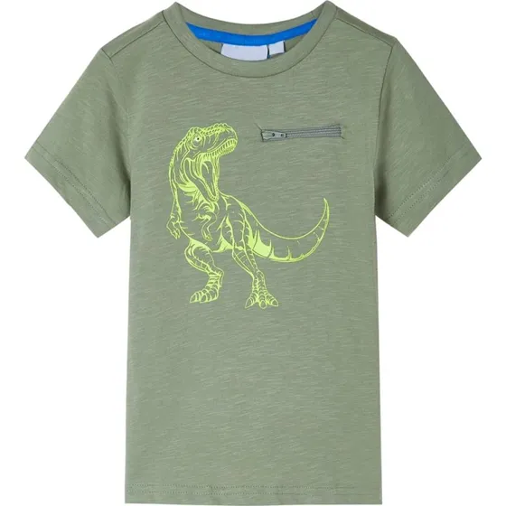 Børne-T-shirt str. 140 – kakifarvet med dino-print