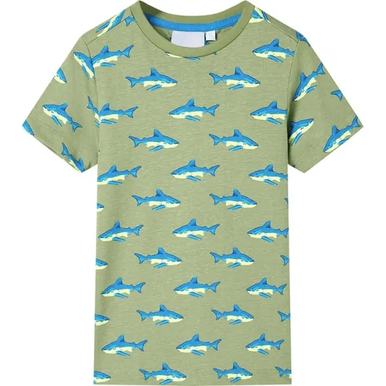 Børne-T-shirt str. 128 i kakifarve med hajprint