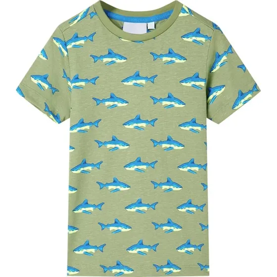 Brne T-shirt str. 140 - kakifarvet med hajprint