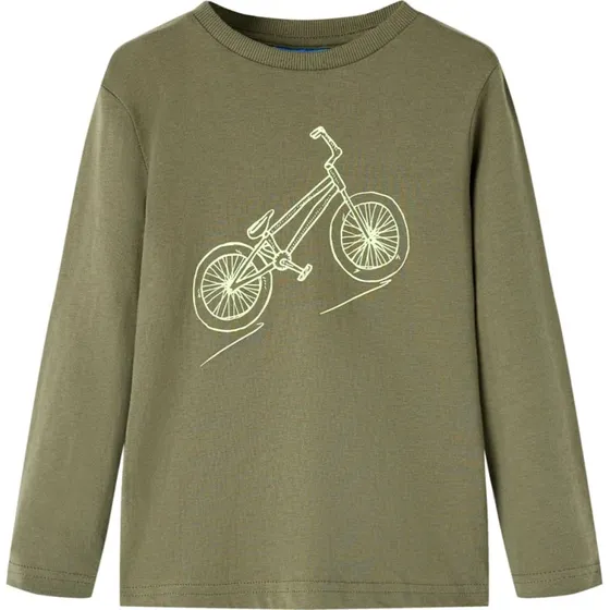 Langærmet T-shirt til børn str. 104, kakifarvet med cykel