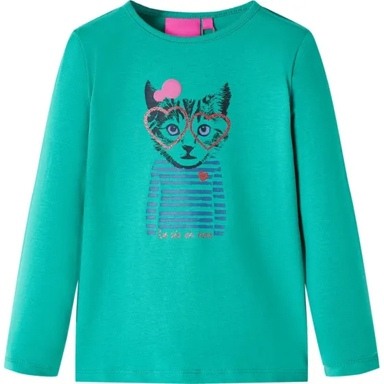 Langærmet T-shirt til børn 104 cm - lysegrøn med kat