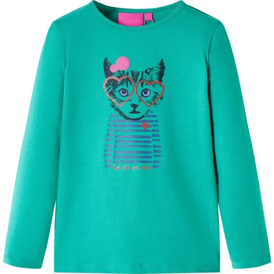 Langærmet T-shirt børn 116 cm lysegrøn med kat
