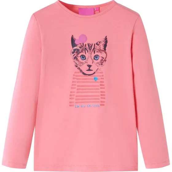 Langærmet T-shirt børn 116 lyserød med kat