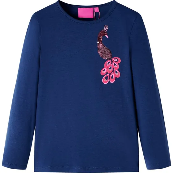 Langærmet T-shirt til børn str. 128 – Marineblå med påfugl