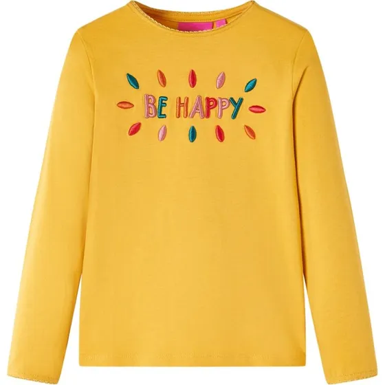 Langærmet T-shirt børn str. 92 – okkergul med 3D-tryk