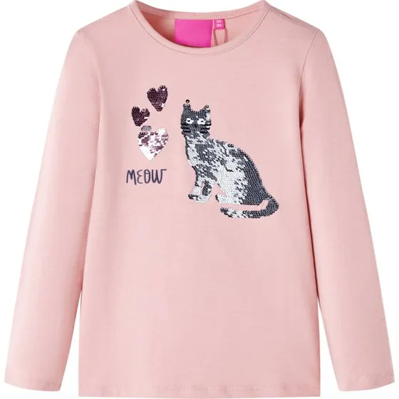 Langærmet T-shirt til børn str. 104 - Lyserød med pailletkat