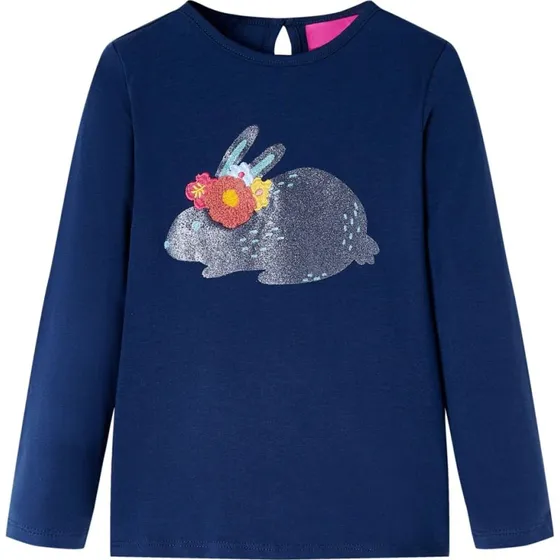 Langærmet T-shirt børn 104 – marineblå med glitrende kanin