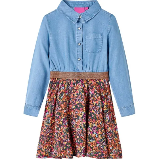 Langærmet børnekjole str.116 i marine- og denimblå