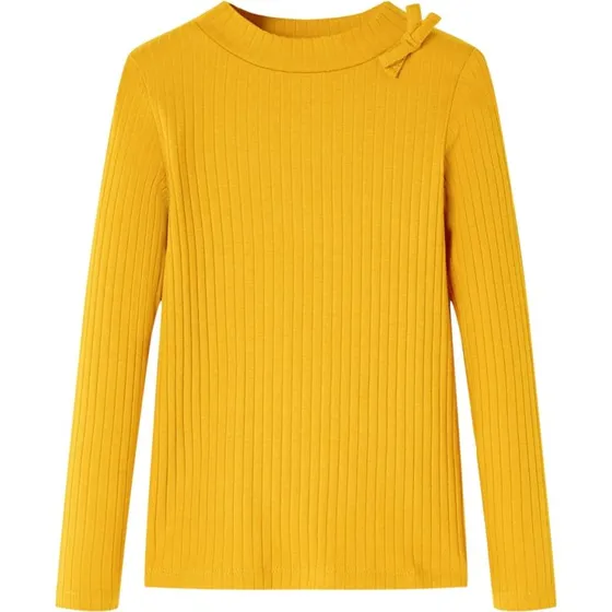 Langærmet T-shirt børn str. 116 – okkergul med sløjfe