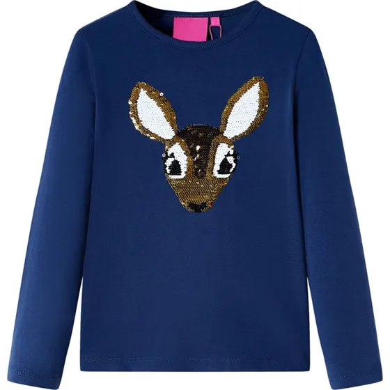Langærmet T-shirt børn str. 92 – Marineblå med paillethjort