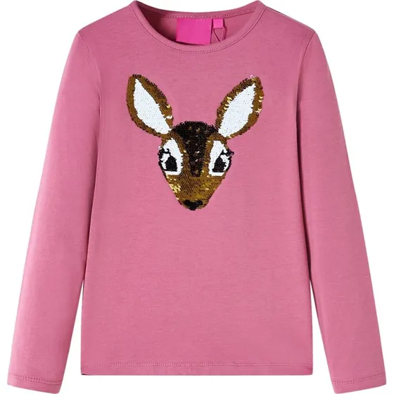 Langærmet T-shirt børn str.104 – Pink med paillet-hjort