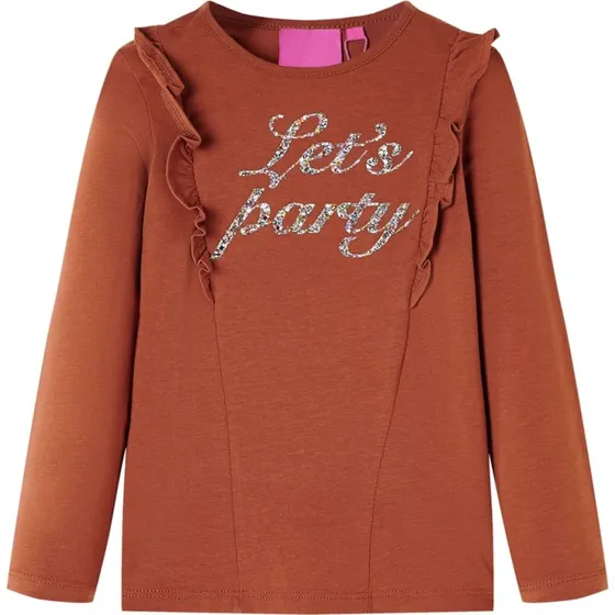 Langærmet T-shirt til børn 128 – cognac med flæser