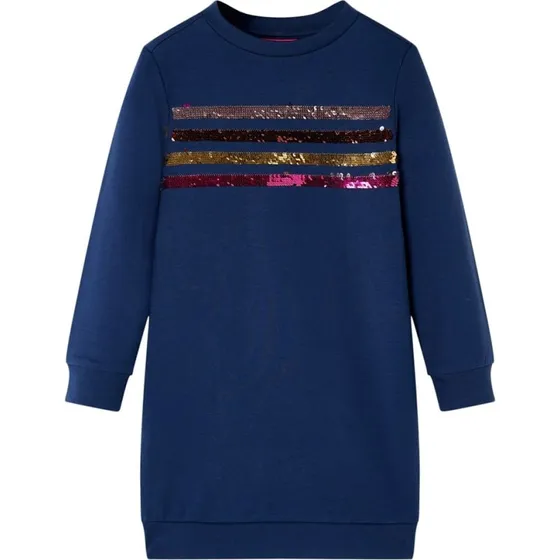 Sweatshirtkjole til brn  langrmet, marinebl med pailletstriber