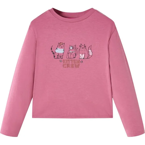 Langærmet T-shirt børn 104 cm pink med katteprint