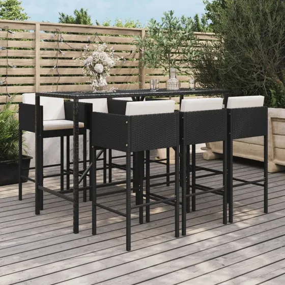Barsæt til haven 7 dele i sort polyrattan med hynder