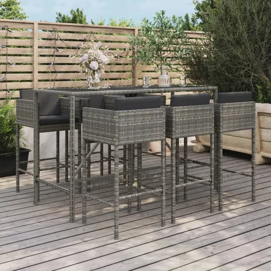 Polyrattan barsæt til haven 7 dele med hynder (grå)