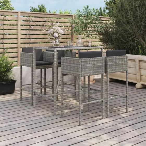 Barsæt til haven 5 dele i grå polyrattan med hynder