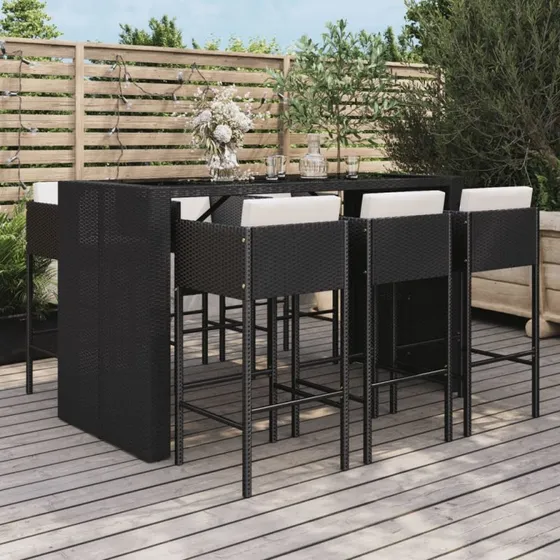Barsæt 7 dele i sort polyrattan med hynder