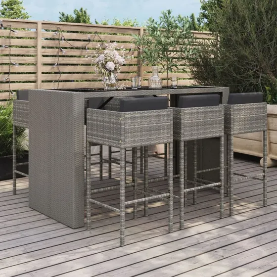 Barsæt til haven 7 dele i grå polyrattan med hynder
