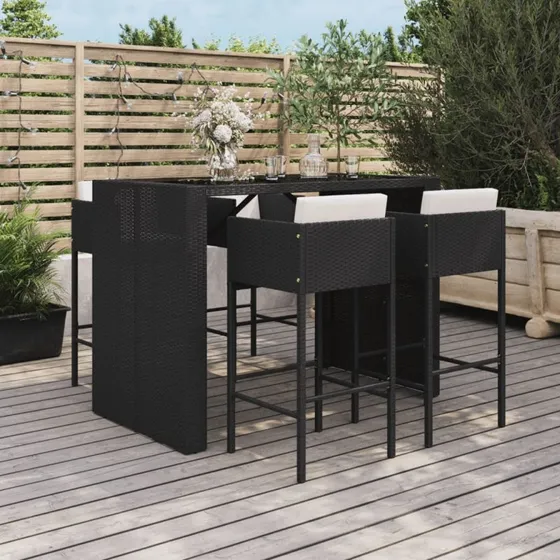 Barsæt til haven 5 dele i sort polyrattan med hynder
