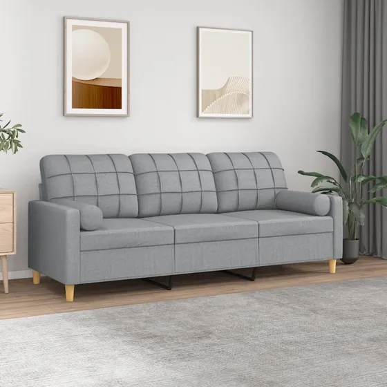 3-personers sofa 180 cm i lysegråt stof med pyntepuder