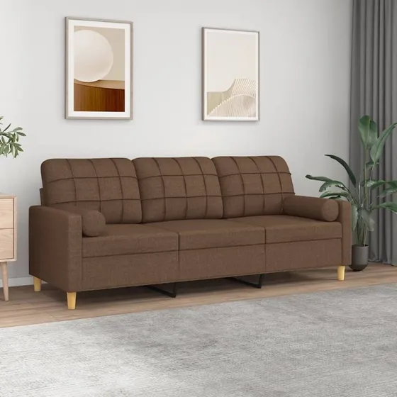 3-personers sofa 180 cm i brun stof med pyntepuder