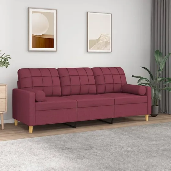 3-personers sofa 180 cm i vinrødt stof med pyntepuder