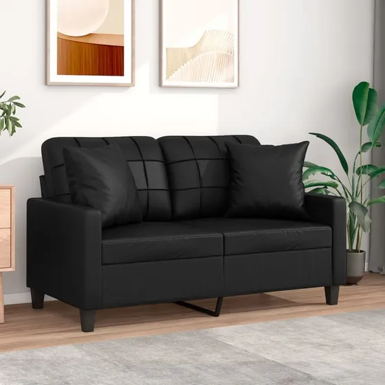 2-personers sofa 120 cm i sort kunstlæder med pyntepuder