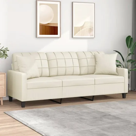 3-personers sofa 180 cm i creme kunstlæder med pyntepuder